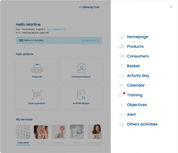 Accueil avec le menu de navigation : produits, consommateurs, panier, agenda, formation, objectifs
