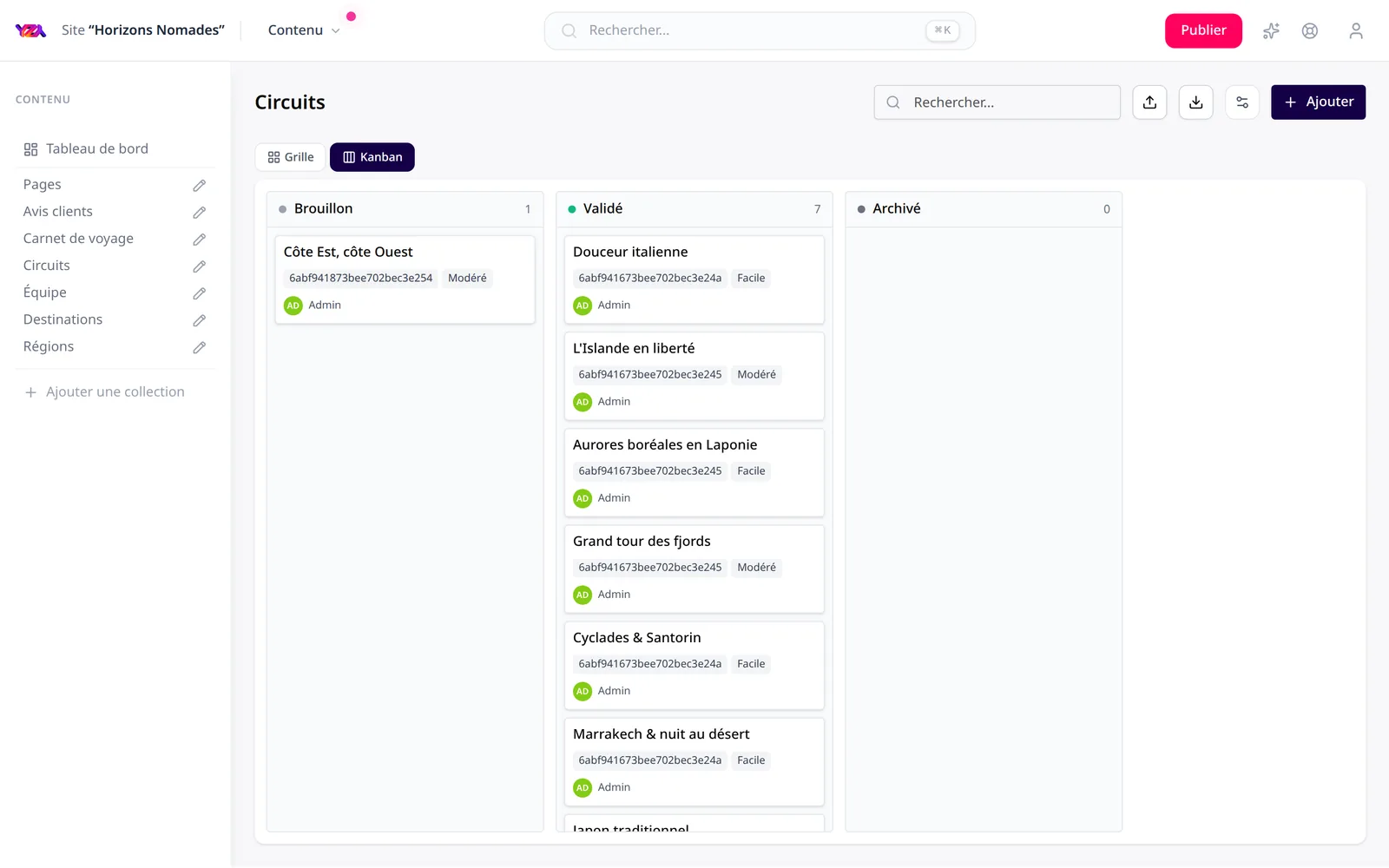 La même collection en vue Kanban, par statut de workflow
