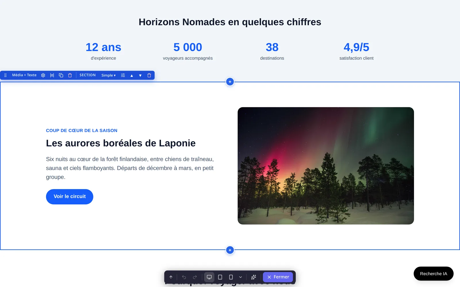 Page builder visuel : sections et blocs éditables directement sur la page