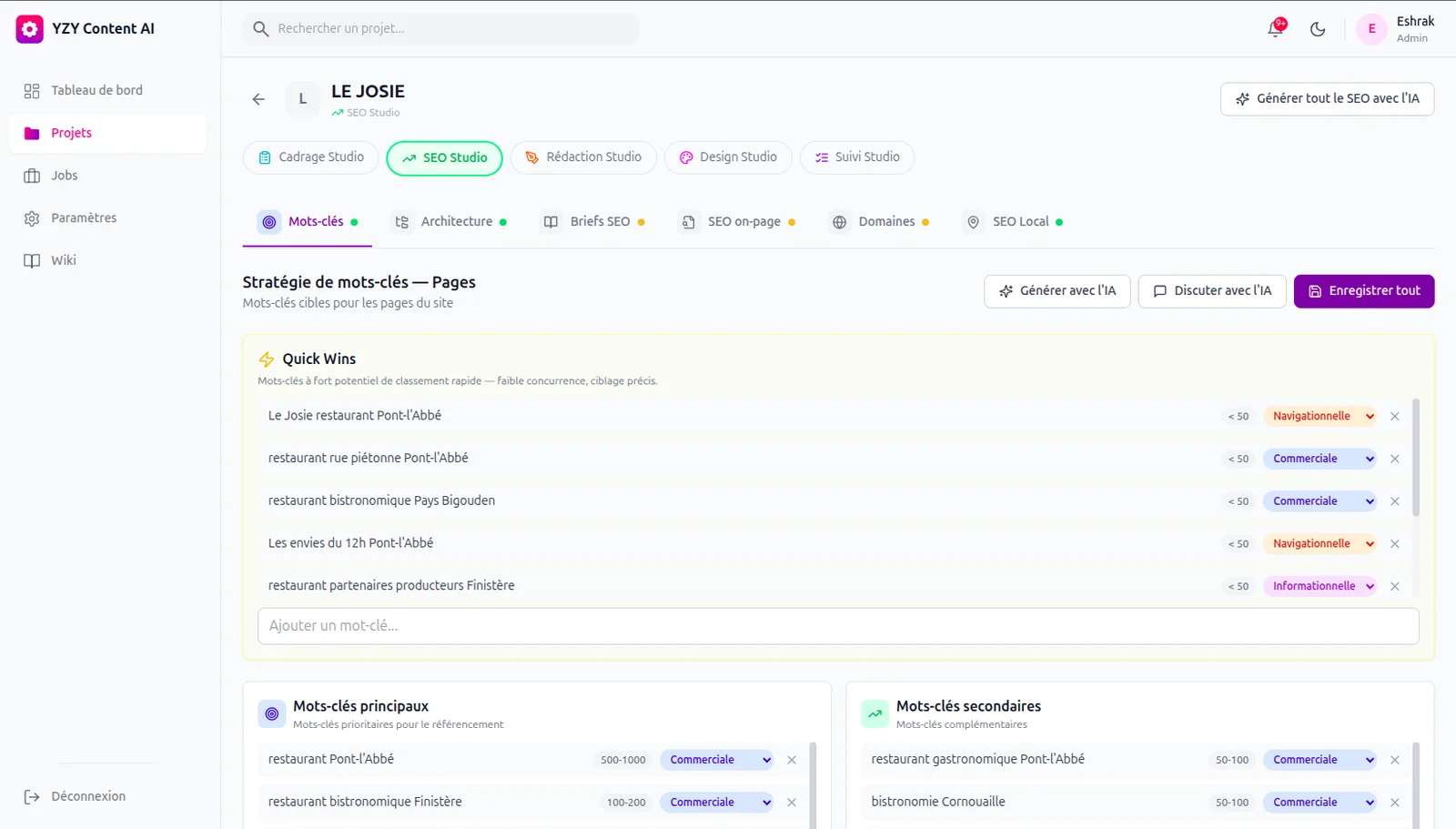 SEO Studio : stratégie de mots-clés générée par l'IA (quick wins, principaux, secondaires)