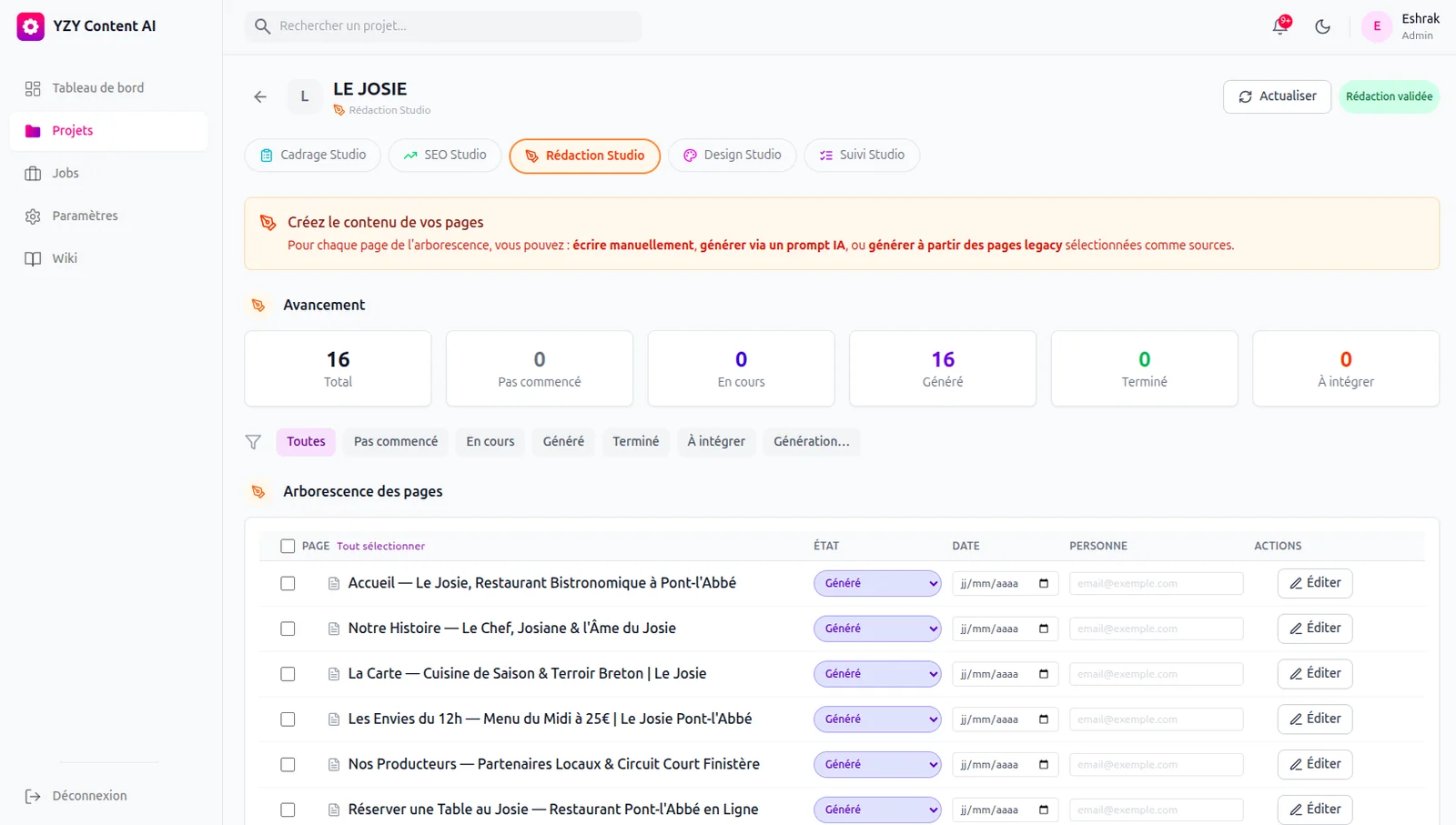 Rédaction Studio : contenu de chaque page généré par l'IA, avec suivi de l'avancement