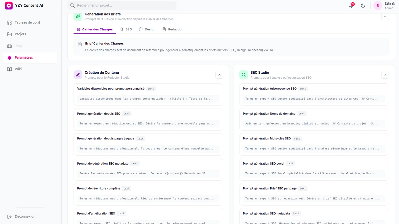 Paramètres : prompts configurables pour chaque studio