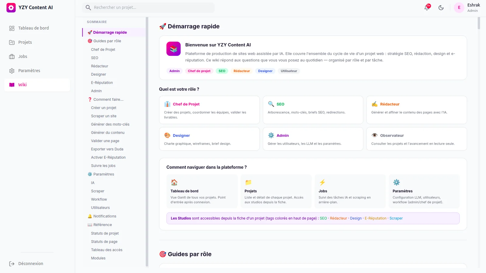 Wiki intégré : guides par rôle (chef de projet, SEO, rédacteur, designer)